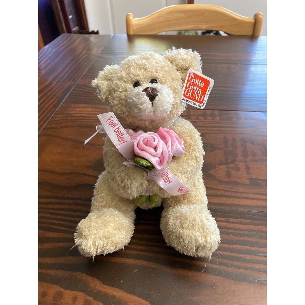 Gund Beige Feel Better‎ Teddy Plush Stuffed Animal Pink Roses Bow Has Tag